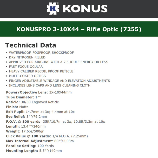 product variation KONUS KonusPro 3-10x44mm 30/30 Reticle Riflescope (7255) image