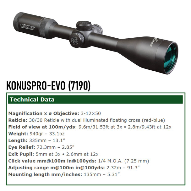 product variation KONUS KonusPro EVO 3-12x50mm Illuminated 30/30 Reticle Riflescope (7190) image