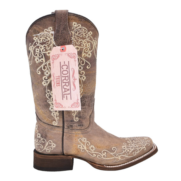 product variation Open Box (Great condition, limited use): CORRAL Teen Brown/ Bone Embroidery Sq. Toe, Size: 3 (A2980-TN-3) image
