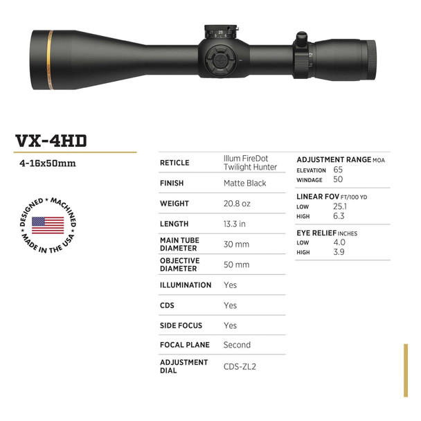 LEUPOLD VX-4HD 4-16x50 30mm CDS-ZL2 Riflescope 185457