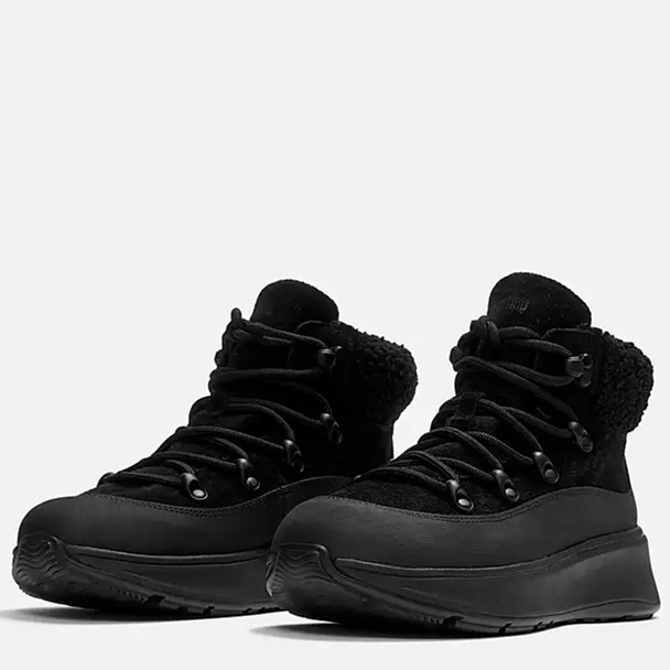 product variation Open Box (Damaged package): FITFLOP F-Mode Teddy-Collar Warm Suede Lace-Up Booties, Color: All Black, Size: 9 (E4U-090-070) image