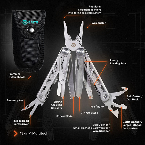 product variation GRITR 13-in-1 Stainless Steel EDC Pocket Camping Multitool w/ Nylon Sheath image