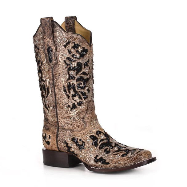 product variation Open Box (Damaged package): CORRAL LD BROWN INLAY & FLOWERED EMBROIDERY & STUDS & CRYSTALS SQ TOE, Size: 9, Width: M (A3648-LD-M-9) image