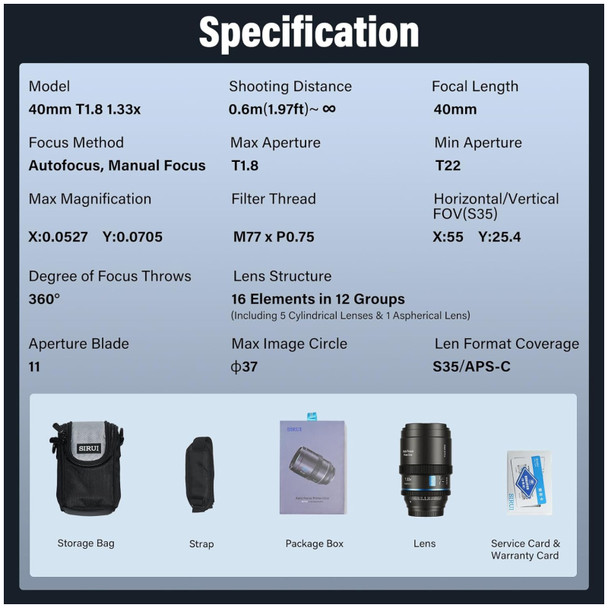 product variation SIRUI 40mm T1.8 1.33x S35 X Mount Blue Flare Autofocus Anamorphic Lens (40AF133X-XB) image