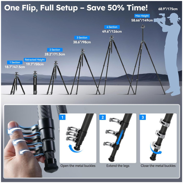 product variation SIRUI L-Series One-Hand Control Mini Flip Lock Carbon Fiber Photo Tripod Kit (L-224F+KS-10) image