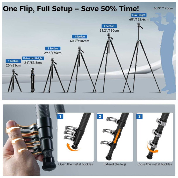 product variation SIRUI L-Series One-Hand Control Mini Flip Lock Carbon Fiber Video Tripod Kit (L-224FL+KV-5) image
