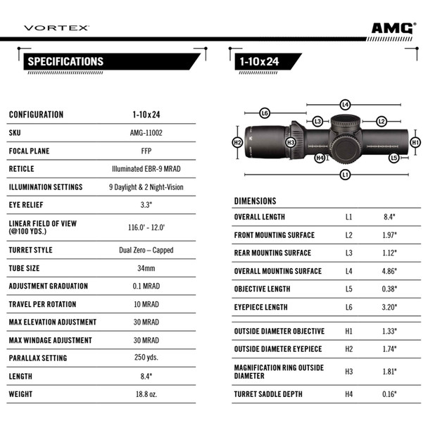 product variation VORTEX AMG 1-10x24 34mm FFP EBR-9 MRAD Reticle Matte Black Riflescope (AMG-11002) image