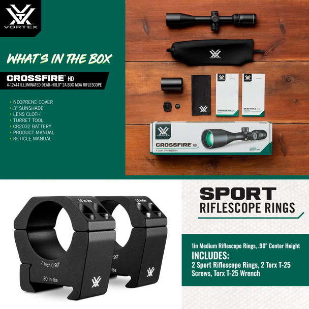 product variation VORTEX Crossfire HD 4-12x44 Illuminated Dead-Hold 2A BDC MOA Riflescope with Sport 1in Medium Riflescope Rings (CFR-41201i+SPT1-M) image