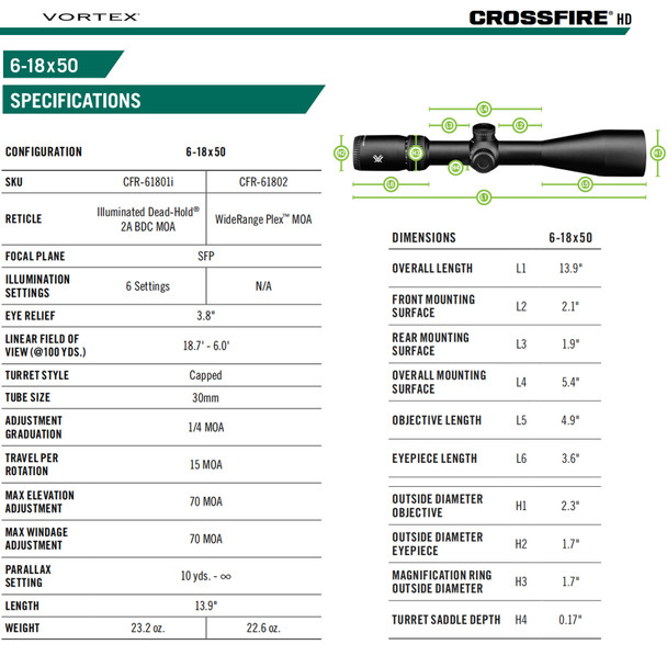 product variation VORTEX Crossfire HD 6-18x50 Illuminated Dead-Hold 2A BDC MOA Riflescope with Counterforce Multicam Camo Cap (CFR-61801i+120-64-MUL) image