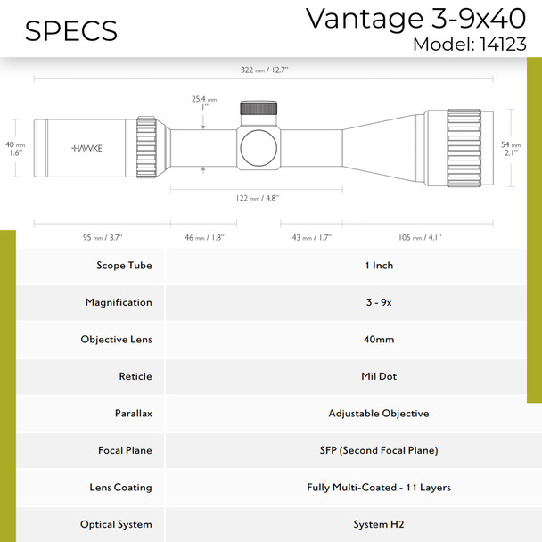 product variation HAWKE Vantage 3-9x40 AO Mil Dot Reticle Riflescope w/ Match Mount 1in Medium Weaver Scope Rings and GRITR Microfibre (14123+22113+GRIT-MF) image