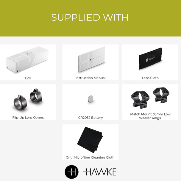 product variation HAWKE XB30 Compact 1.5-6x36 IR WA SR 450fps Riflescope with Match Weaver 30mm Low 2pc Black Riflescope Ring Mounts and GRITR Microfibre (12226+22115+GRIT-MF) image