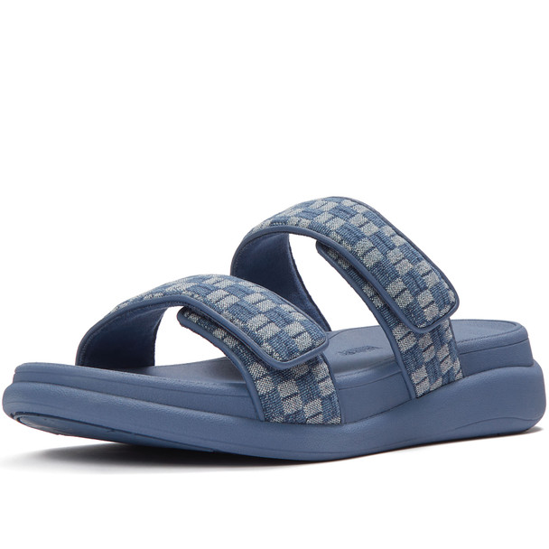 product variation Open Box (Damaged package): FITFLOP F-Mode Go Adj. Checkerboard-Denim Two-Bar Slides, Color: Light Denim, Size: 7 (A1I-E01-050) image