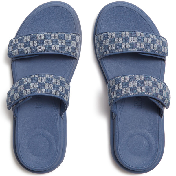 product variation Open Box (Damaged package): FITFLOP F-Mode Go Adj. Checkerboard-Denim Two-Bar Slides, Color: Light Denim, Size: 7 (A1I-E01-050) image