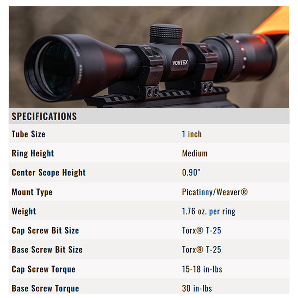 product variation VORTEX Crossfire II 3-9x40mm Dead-Hold-BDC Reticle 1in Riflescope with Sport 1in Medium Riflescope Rings (CF2-31007+SPT1-M) image
