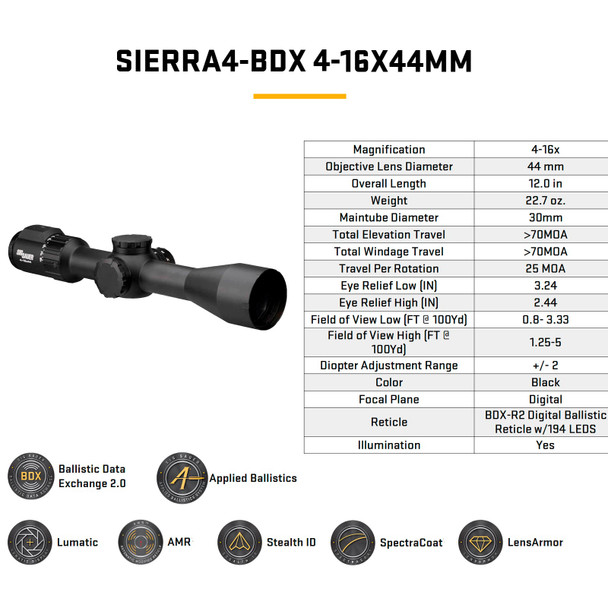 product variation SIG SAUER SIERRA4 BDX 4-16x44 30mm BDX-R2 Digital Ballistic Reticle Riflescope (SOSBDX44111) image