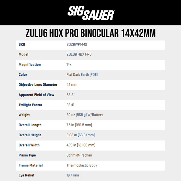 product variation SIG SAUER Zulu6 HDX Pro 14x42mm Binoculars (SOZ6WP1442) image