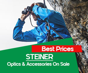 graphic, man looking through binoculars on a cliff, text, Best Prices STEINER Optics & Accessories On Sale