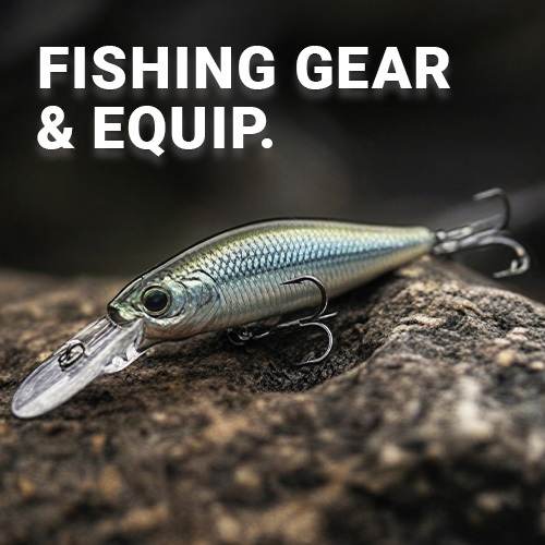 Graphic, realistic hard-plastic fishing lure with treble hooks resting on a dark stone, overlayed with the text 'FISHING GEAR & EQUIP.