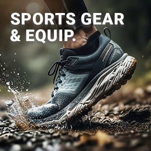 Graphic, Trail running shoe stepping into a muddy puddle with water splashing, overlayed with the text 'SPORTS GEAR & EQUIP.