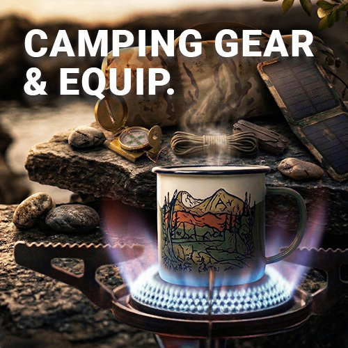 Graphic, Camping mug heating over a blue gas flame surrounded by outdoor survival gear, overlayed with the text 'CAMPING GEAR & EQUIP.