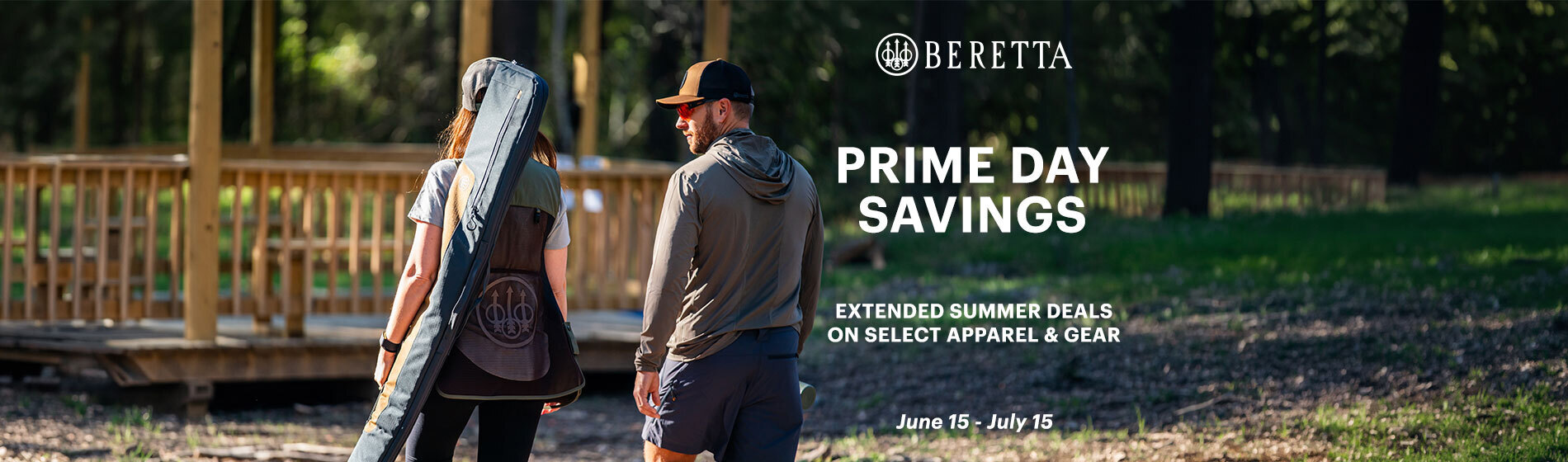 graphic, a man and a woman walking outdoors in a wooded area with the woman carrying a Beretta case on her back, text, BERETTA PRIME DAY SAVINGS - EXTENDED SUMMER DEALS ON SELECT APPAREL & GEAR