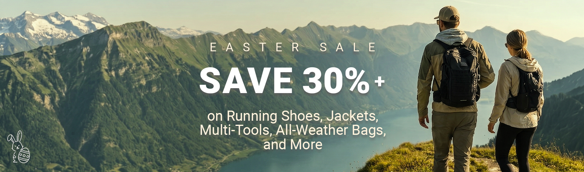 graphic, two hikers standing at the edge of a mounting with backpacks on looking at the mountains