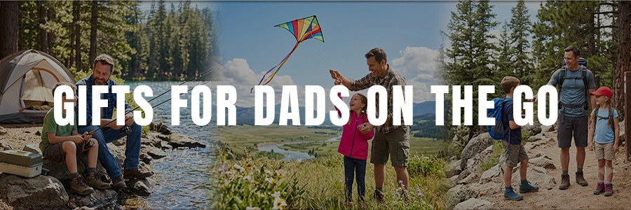 A panoramic, three-part photo collage showing fathers and children engaging in different outdoor activities: fishing by a lake, flying a kite in a grassy field, and hiking on a rocky mountain trail.