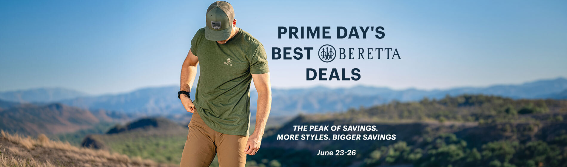 graphic, a man wearing a green BERETTA t-shirt and cap standing outdoors with mountains in the background, text, Prime Day's Best BERETTA Deals - The Peak of Savings