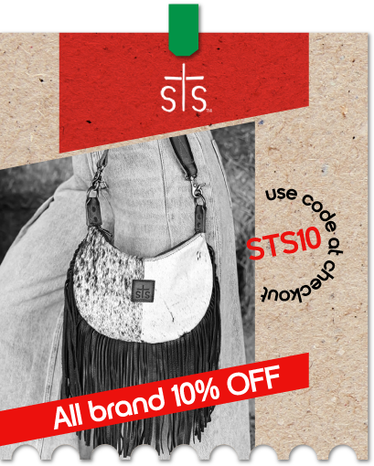 Graphic, black‑and‑white handbag with cowhide pattern and long fringe hanging from shoulder, text, STS ALL BRAND - 10% OFF with code 10STS at checkout