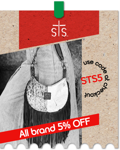 graphic, close-up of STS handbag with western-style fringe and cowhide pattern, text, STS – All brand 5% OFF with code STS5 at checkout