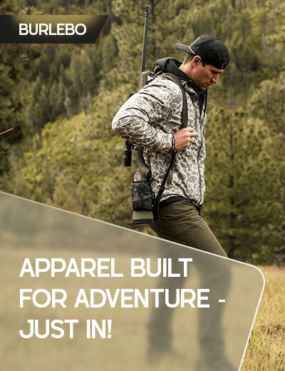 Graphic, man in camo jacket walking through forest, text,  BURLEBO Fresh Drop: Apparel Built for Adventure - Just In!