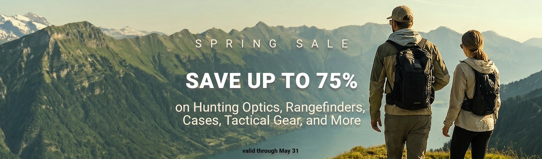 graphic, two hikers standing at the edge of a mounting with backpacks on looking at the mountains, text, Spring Sale: Gear up for Hunting & Adventure!