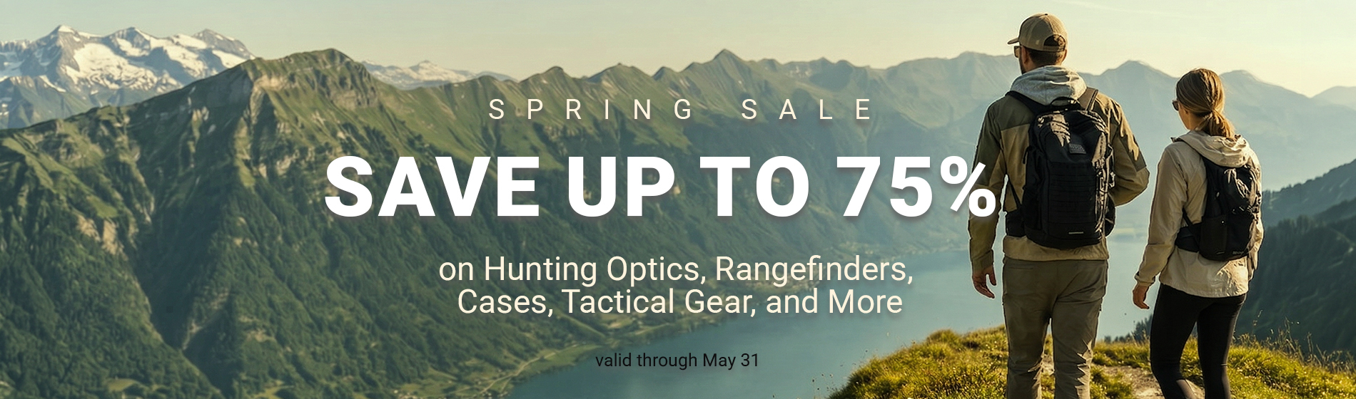 graphic, two hikers standing at the edge of a mounting with backpacks on looking at the mountains, text, Spring Sale: Gear up for Hunting & Adventure!