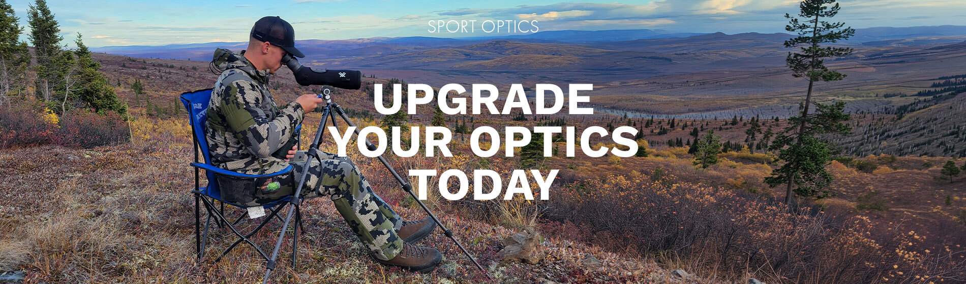 New - graphic, hunter observing landscape through spotting scope in autumn terrain, text, Upgrade your optics today