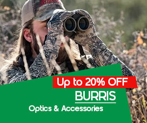 Graphic, person in camouflage clothing looking through BURRIS binoculars in dry outdoor terrain, text, Up to 20% OFF BURRIS Optics & Accessories