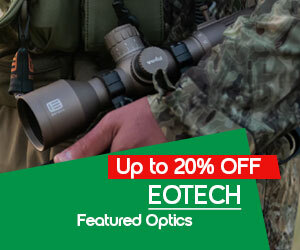 Graphic, person in camouflage clothing holding EOTech riflescope, text, Save up to 20% on Featured EOTech Optics