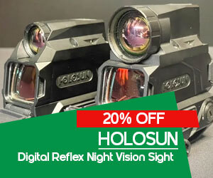 graphic, close-up of two Holosun digital reflex night vision sights, text, Shop HOLOSUN Digital Reflex Night Vision Sight and save 20%