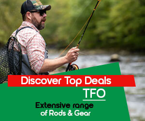 Graphic, angler standing by river with a rod and a net, text, Extensive Range of TFO Rods & Gear – Discover Top Deals