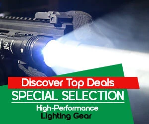 Graphic, close‑up of mounted flashlight shining intense light, text, Discover Top Deals on Special Selection of High‑Performance Lighting Gear