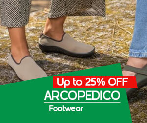 graphic, two pairs of feet wearing Arcopedico shoes on a casual background, text, Save on ARCOPEDICO Footwear