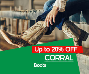 Graphic, person sitting on fence wearing decorative Corral cowboy boots, text, Corral Boots up to 20% off 