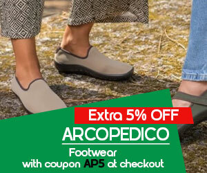 graphic, two pairs of feet wearing Arcopedico shoes on a casual background, text, Save on ARCOPEDICO Footwear: Extra 5% OFF with code AP5 at checkout