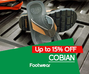 graphic, Cobian flip-flops resting on the bottom of a boat, text, Save on COBIAN Footwear Up to 15% OFF
