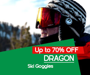 graphic, person wearing Dragon ski goggles on a snowy slope, text, Save up to 70% OFF on DRAGON Ski Goggles — get ready for the new season's slopes!
