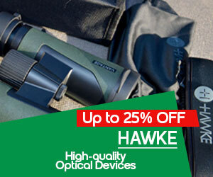 graphic, close-up of Hawke binoculars and a protective case, text, Shop HAWKE High-quality Optical Devices now and save up to 25%