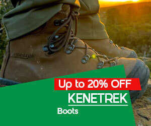graphic, close-up of Kenetrek hiking boots outdoors, text, KENETREK Boots - Up to 20% OFF