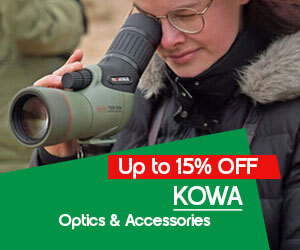 graphic, woman looking through a Kowa spotting scope in a natural setting, text, Shop KOWA Optics & Accessories now and save up to 33%