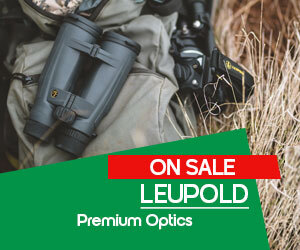 graphic, Leupold binoculars hanging at the side of a person in outdoor gear, text, Save on LEUPOLD Scopes & Binos. Shop now and sharpen your view!