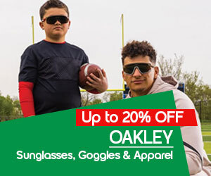 Graphic, two athletes on football field in OAKLEY sunglasses, text, OAKLEY Sunglasses, Goggles & Apparel are at up to 20% OFF