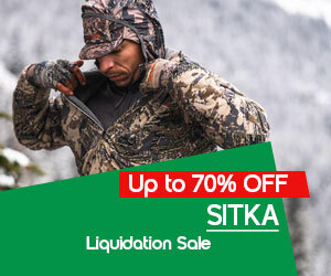 graphic, man wearing SITKA camouflage gear in a snowy area, text, SITKA Liquidation Sale: up to 70% OFF! 